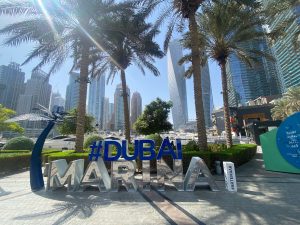 Enjoying a sunny morning at Dubai Marina Walk before my yacht tour with MTS Yachts.