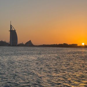 Sunset over Burj Al Arab from our family yacht cruise in Dubai”
