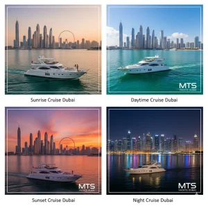 a photo college showing four different types of yacht cruise in dubai marina wih mts yachts 